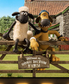 A Movie Night screen capture of the movie Shaun the Sheep depicting a dog and Shaun the Sheep sitting on a farm gate