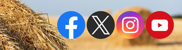 The Facebook, Instagram, X, and YouTube logos over the top of an image of round hay bales in a field