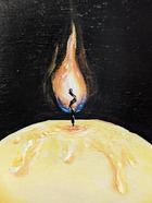 A small canvas painting depicting a yellow candle and light eminating from its flame