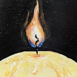 A small canvas painting depicting a yellow candle and light eminating from its flame