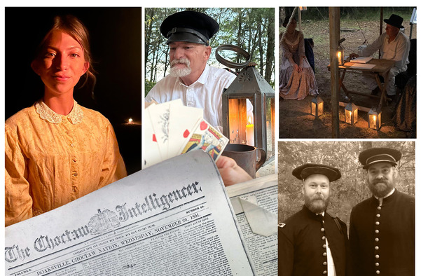 Choctaw Intelligencier newspapers, reeanactors in period and military dress, some seated by lanterns. Others are playing cards by lantern