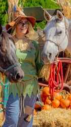 A woman dressed as a scarecrow stands inbetween two horses. Pumpkins and hay bales are seen in the background