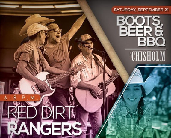 Boots, Beer & BBQ flyer for The Chisholm with contact information and color photos of the Red Dirt Rangers singing group