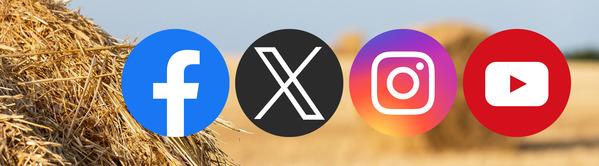 Social Media icons with a pictoral background of a field and hay rounds