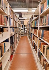 Book shelves in the OHS Library Collection. Two shelves are depicted in the photo with various titles.