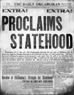 Daily Oklahoman front page November 16, 1907 "Proclaims Statehood" headline
