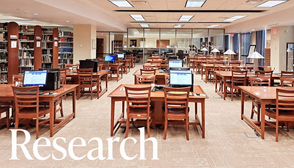 The OHS John and Eleanor Kirkpatrick Research Center Reading Room and the word "Research" in white lettering in the lower L corner