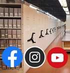 The OHS Research Center expandable shelving with Facebook, Instagram, and You Tube icons superimposed on the bottom half of the photo