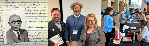 Image of a presentation given at the Oklahoma History Symposium on Jimmy Stewart, presenters, and a booksigning at that event