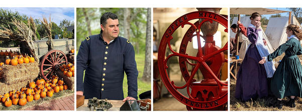 A pumpkin with hay bales and pumpkins, a living history Union soldier, a read coffee mill wheel, and two girls in period clothing