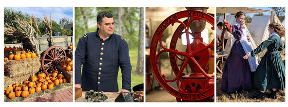 A pumpkin with hay bales and pumpkins, a living history Union soldier, a read coffee mill wheel, and two girls in period clothing