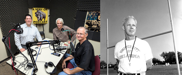 Trait Thompson, Bob Blackburn, and Berry Tramel joined with a black and white photo of Bud Wilkinson, at an OU football practice