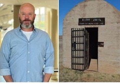 Everyday Oklahoma banner, a photo of Michael Mayes, and a photo of a small calaboose (A City Jail)