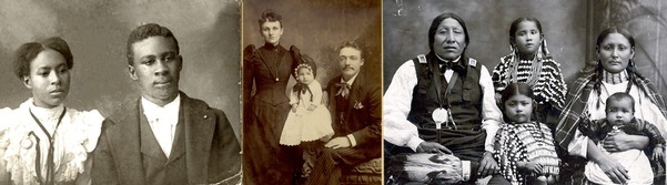 Historic image of a Black husband and wife, a Wife, child and husband, a Native American family with three children, and two children