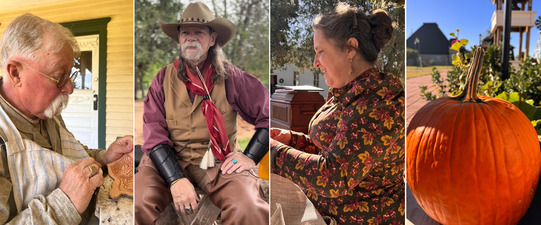 A leather worker, a reenactor dressed as a cowboy, a seamstress working on the porch and a pumpkin at the Humphrey Heritage Village