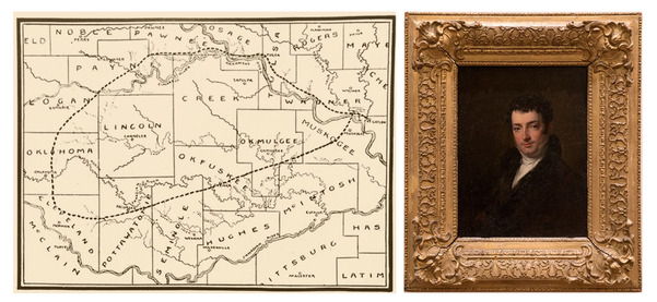 Oil Painting of Washington Irving painted by Charles Leslie in 1820, pictured with a map of his "Tour of the Prairies"