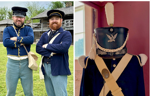 Living history actors dressed as soldiers at the Fort Gibson Stockade and an 1820s uniform in an exhibit display at Fort Gibson