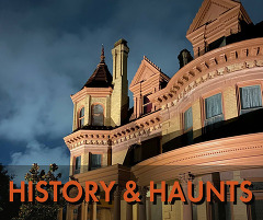 The Overholser Mansion with uplights at twilight and a banner that reads "Histoy & Haunts" below the image