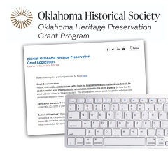 Oklahoma Heritage Preservation Grant Program logo, screenshot of application, and a picture of a keyboard