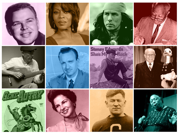 OKPOP Oklahoma creative talent, depicted by photographs of Roy Clark, Alfre Woodard, Wes Studi, Walter Cronkite and others