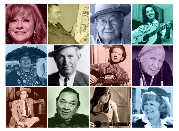 A collage of notable Oklahoma Creatives including N. Scott Momaday, Reba McEntire, Will Rogers, Jesse Ed Davis, Rue Mcclanahan
