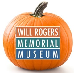 The Will Rogers logo on a large orange pumpkin. 