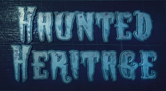 OETA Design "Haunted Heritage" with creepy blue lettering carved into a sign and a night themed background