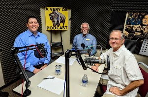 Trait Thompson, Art Peters, and Dr. Bob Blackburn recording the "California Road" episode in the A Very OK Podcast studio.