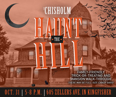 An orange colorized photo of the Horizon Hill 3-story mansion in Kingsisher with a moon overhead, black cat, cobwebs, and a pumpkin