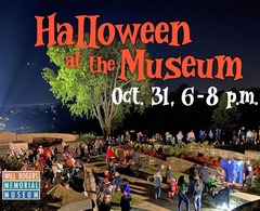 A photo of the Will Rogers Memorial Museum at night full of Trick or Treaters and the words "Halloween at the Museum"