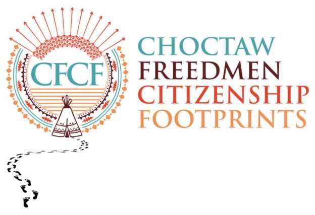 Choctaw Freedmen Citizenship Footprints logo depicting a motif with arrows and the letters CFCF