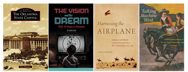 8 book covers for "The Oklahoma State Capitol," "The Vision and the Dream," "Harnessing the Airplane" and others