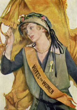 Votes for Women Postcard depicting a watercolor image of a suffrage supporter wearing a sash and carrying a yellow banner