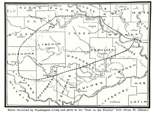 The Route traversed by Washington Irving and party in his "Tour of the Prairies" 1832 (From Fort Gibson). Oklahoma Counties map