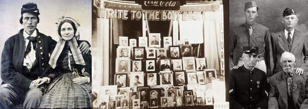 A historic photo of Corporal Scott and Mrs. Scott from the Union Room Coll, photos of veterans in a shop window and veterans of 4 wars