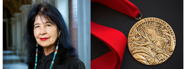 Mvskogee poet, author, and musician Joy Harjo with long beaded earrings and a photo of the National Humanities Medal