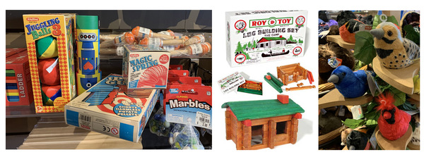 Juggling Balls, a potato gun, a slinky, marrbles, and a "Roy Toy" Log Building Set, and a display full of plush birds at the OHC store