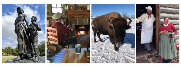 Bison in the snow, living history reenactors at a log cabin, warming by a hearth, and a detail of the Pioneer Woman Statue