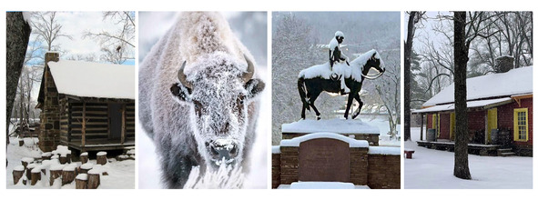 A log cabin in snow, a bison covered in snow, the Will Rogers Memorial Statue covered in snow, and the Sutlers Store at Fort Towson in snow