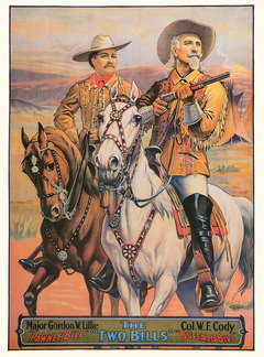 Pawnee Bill and Buffalo Bill riding horses side by side, wearing Western outfits, gloves, and hats. Buffalo Bill is shouldering a rifle.