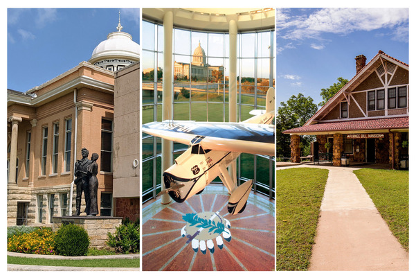 Three photos of the Oklahoma History Center, the Pawnee Bill Ranch and Museum, the Oklahoma Territorial Museum and Carnegie Libray