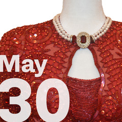 A red sequined ball gown with the letters May 30 superimposed on the image.