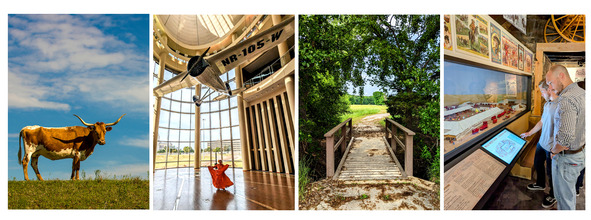 A longhorn , a dancer performs below the Winnie Mae in the History Center, a bridge at Spiro, guest looking at exhibits at Pawnee Bill Ranch