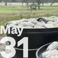 Dutch Ovens with hot coals on the lid and the date May 30