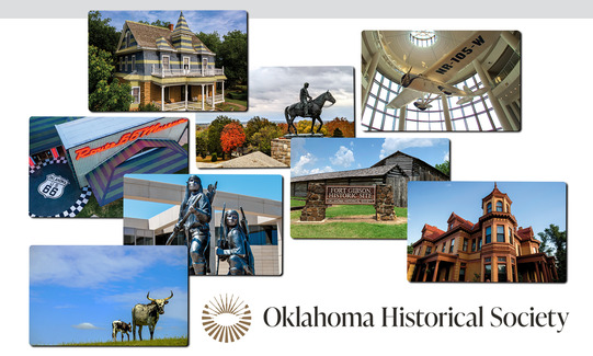 OHS Membership cards depicting the Fred and Addie Drummond Home, Will Rogers Memorial Museum, Route 66 Museum
