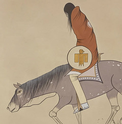 Gouache painting by Woody Big Bow, c. 1956 depicting a Native American figure riding into camp on horseback with a Thunderbird shield