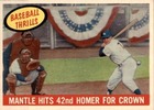 1959 Topps Baseball Card depicts Mickey Mantle at the plate with catcher and umpire in the background and patriotic bunting.