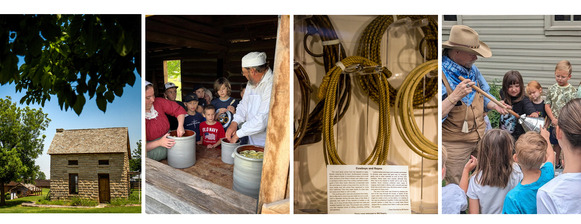 Calendar images of Will Rogers ropes, school groups at Fort Towson and Enid's Cherokee Strip Museum 