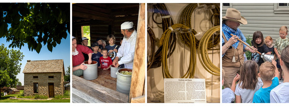 Calendar images of Will Rogers ropes, school groups at Fort Towson and Enid's Cherokee Strip Museum 