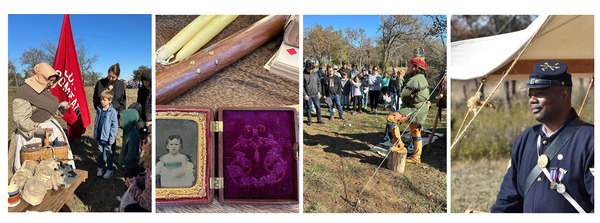 Educators and reenactors by their demonstration tables, speaking to the public on points of the Honey Springs Battlefield Education Day